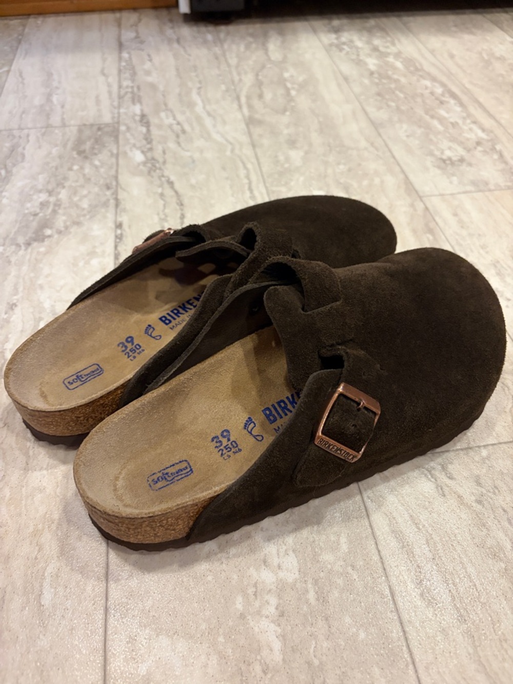 Birkenstock Boston Mocha Brown Suede Clogs with Copper Buckle 8.5